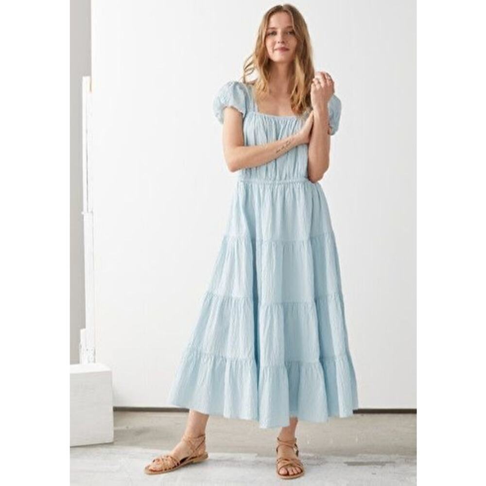 & Other Stories Crinkled Blue Bohemian Tiered Maxi Dress Sz Small